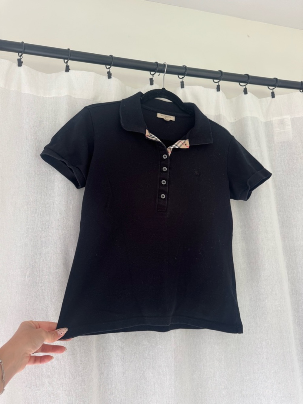 Burberry Black Short-Sleeve Polo with Plaid Trim